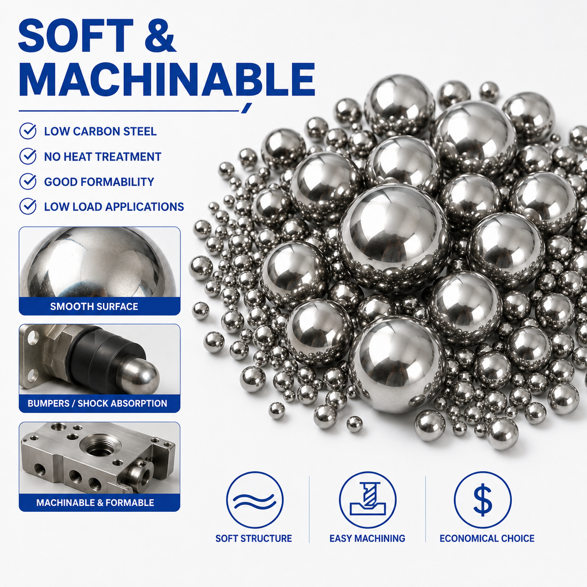 BaseGlobal Soft Unhardened Low Carbon Steel Balls | Weldable AISI 1010/1015 Steel Balls for Fabrication & Decorative Metalwork